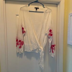 INC International Concepts White Wrap Cardigan with Pink Floral Embroidery